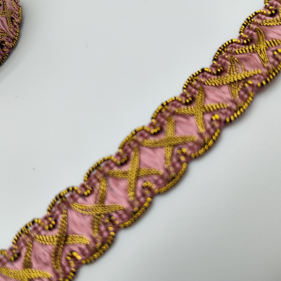 Vintage 1940s French Pink Gold Metallic Silk Jacquard Ribbon Couture TWO YARDS - Picture 3 of 6